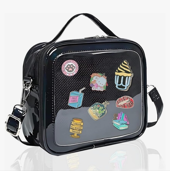 Black Transparent Crossbody Bag with Pin Display. Added Free Pins With Purchase. - Picture 1 of 15